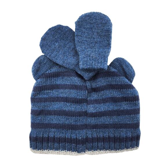 Little Me Infant Blue Stripe Cable Knit Bear Beanie Hat/Mittens Set Size 12-24M - Picture 2 of 4